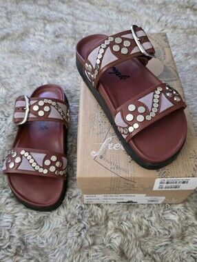 Free People Revelry Studded Double Strap Slide Sandals Rust/Lavender Women's 6.5